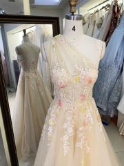 2025 New style elegant contrast color one shoulder A-Line skirt zipper back boning design women's evening dress