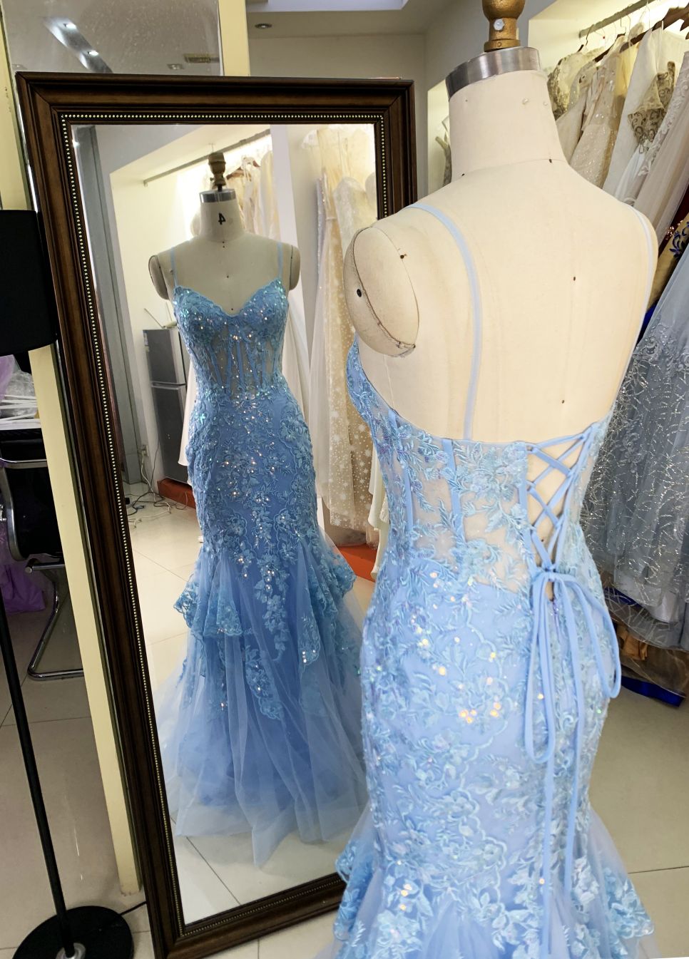 2025 Latest custom sky blue sexy mermaid evening dress embroidered flower lace boning design prom dress