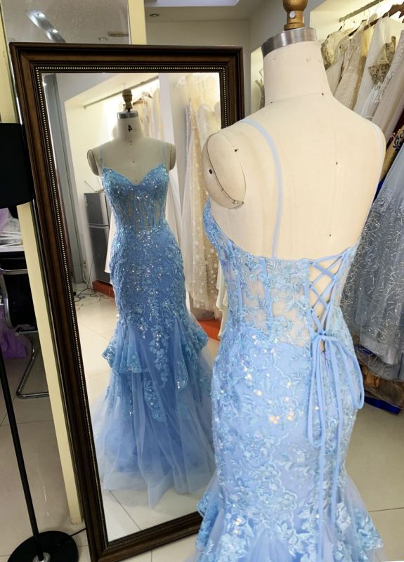 2025 Latest custom sky blue sexy mermaid evening dress embroidered flower lace boning design prom dress