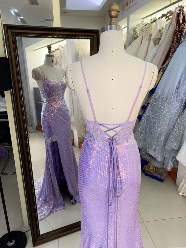 2025 New style lilac V-neck Sleeveless Sequins fabric Slit Women's evening dress elegant prom dress