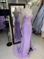 2025 New style lilac V-neck Sleeveless Sequins fabric Slit Women's evening dress elegant prom dress