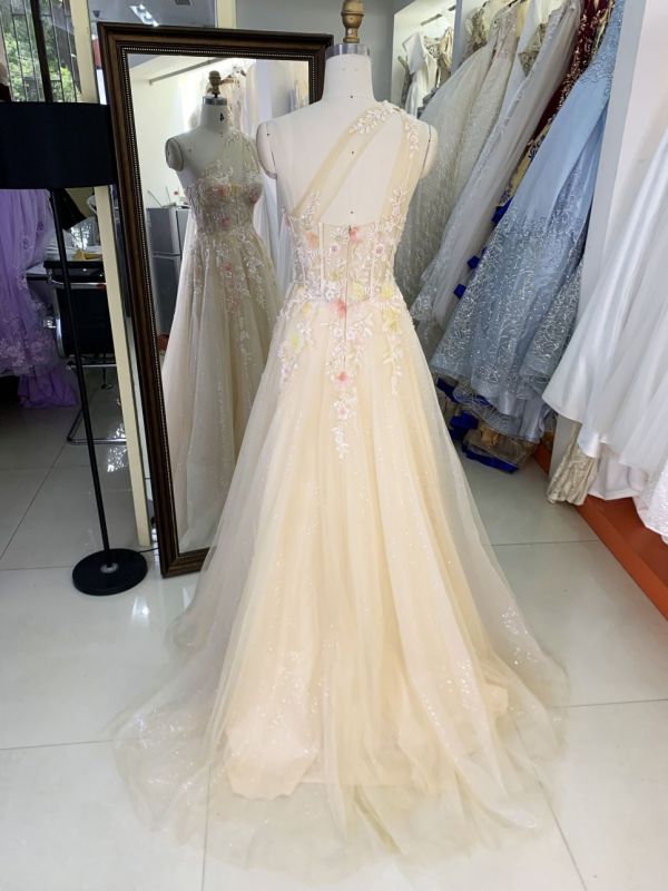 2025 New style elegant contrast color one shoulder A-Line skirt zipper back boning design women's evening dress