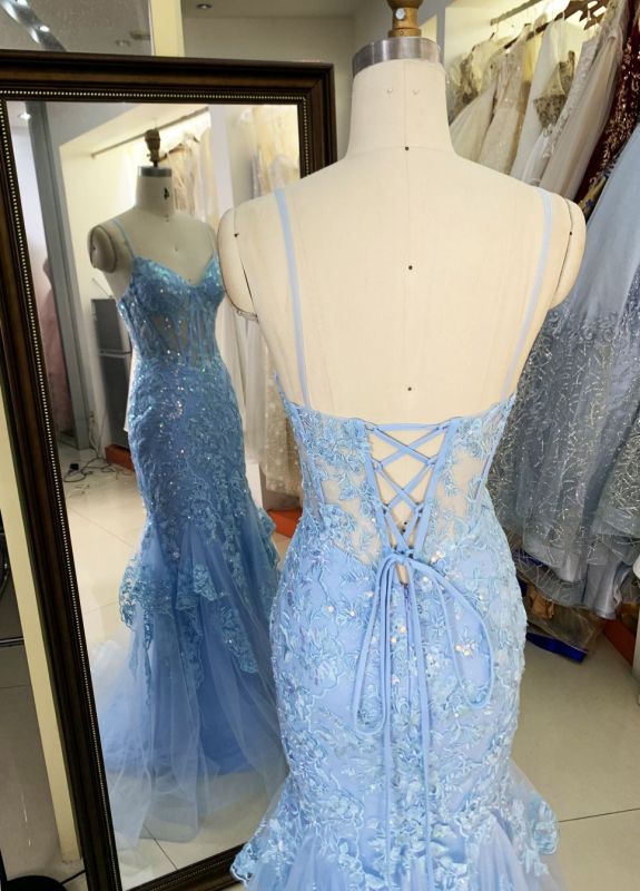 2025 Latest custom sky blue sexy mermaid evening dress embroidered flower lace boning design prom dress