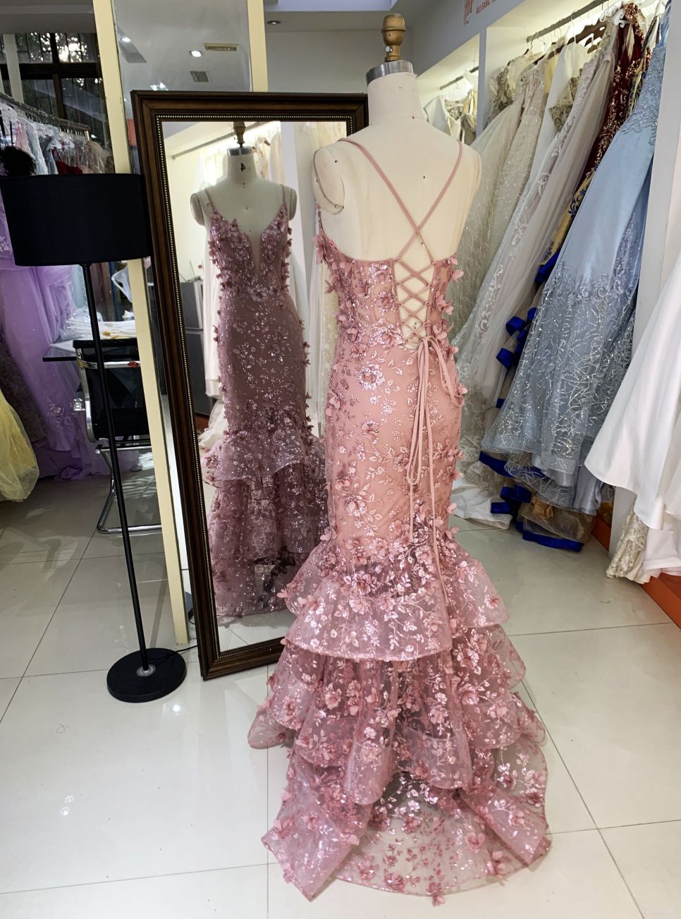2025 New costom sweetheart ruffle skirt 3D flower luxurious dusty rose mesh mermaid Plus Size of The Women clothing Natural