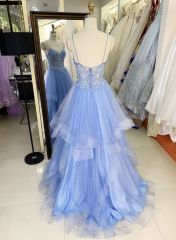 2025 wholesale corset dusty blue sleeveless embroidery beading ruffle tulle skirt A line prom evening dresses