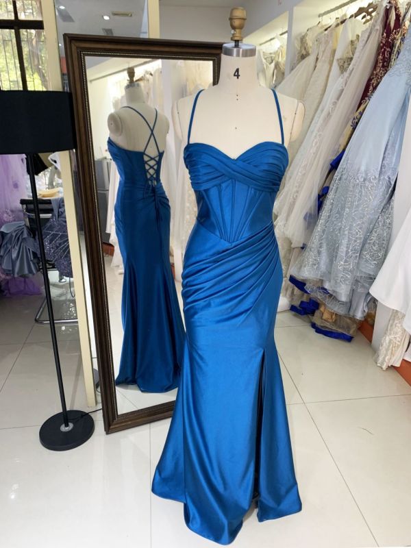 2025 Latest custom navy blue prom dress sexy slim pleat slit A-Line skirt lace up back boning design plus size prom dress
