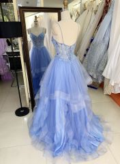 2025 wholesale corset dusty blue sleeveless embroidery beading ruffle tulle skirt A line prom evening dresses