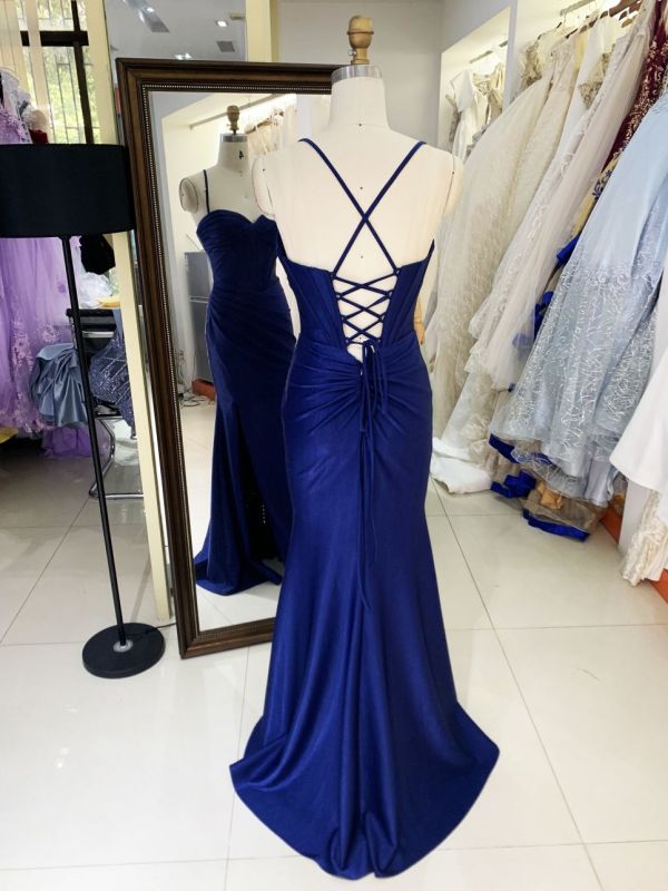 2025 Latest custom navy blue prom dress sexy slim pleat slit A-Line skirt lace up back boning design plus size prom dress