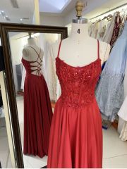 Wholesale red corset sleeveless embroidery sequin shiny satin lace up back A line prom bridesmaid dresses