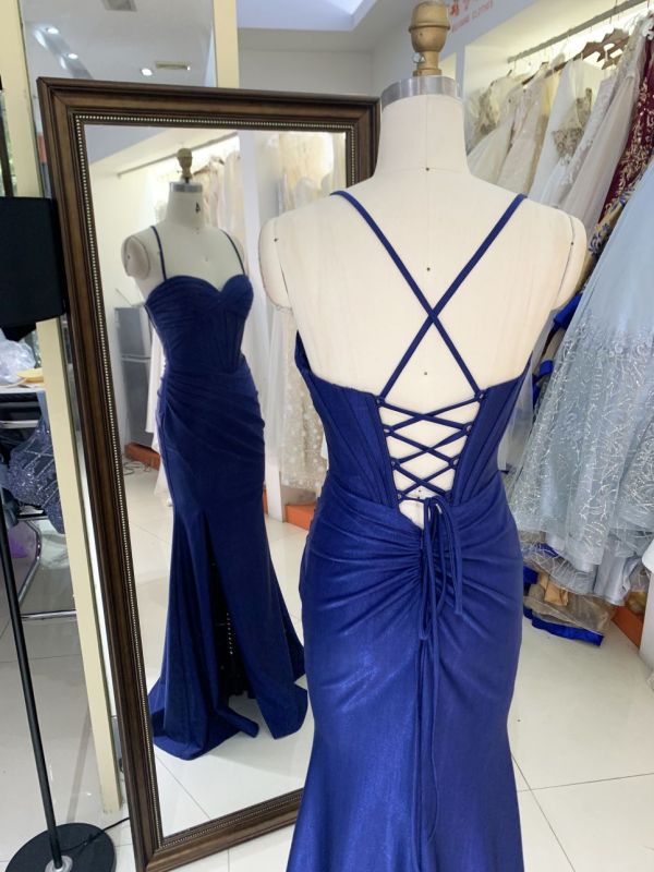 2025 Latest custom navy blue prom dress sexy slim pleat slit A-Line skirt lace up back boning design plus size prom dress
