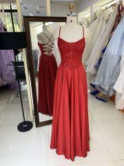 Wholesale red corset sleeveless embroidery sequin shiny satin lace up back A line prom bridesmaid dresses