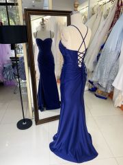 2025 Latest custom navy blue prom dress sexy slim pleat slit A-Line skirt lace up back boning design plus size prom dress