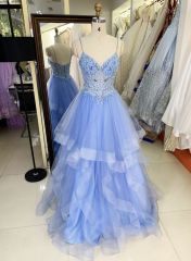 2025 wholesale corset dusty blue sleeveless embroidery beading ruffle tulle skirt A line prom evening dresses