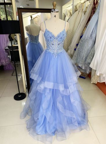 2025 wholesale corset dusty blue sleeveless embroidery beading ruffle tulle skirt A line prom evening dresses