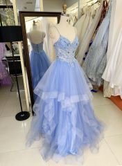 2025 wholesale corset dusty blue sleeveless embroidery beading ruffle tulle skirt A line prom evening dresses