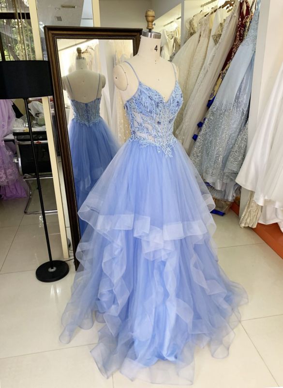 2025 wholesale corset dusty blue sleeveless embroidery beading ruffle tulle skirt A line prom evening dresses