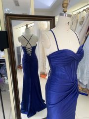 2025 Latest custom navy blue prom dress sexy slim pleat slit A-Line skirt lace up back boning design plus size prom dress