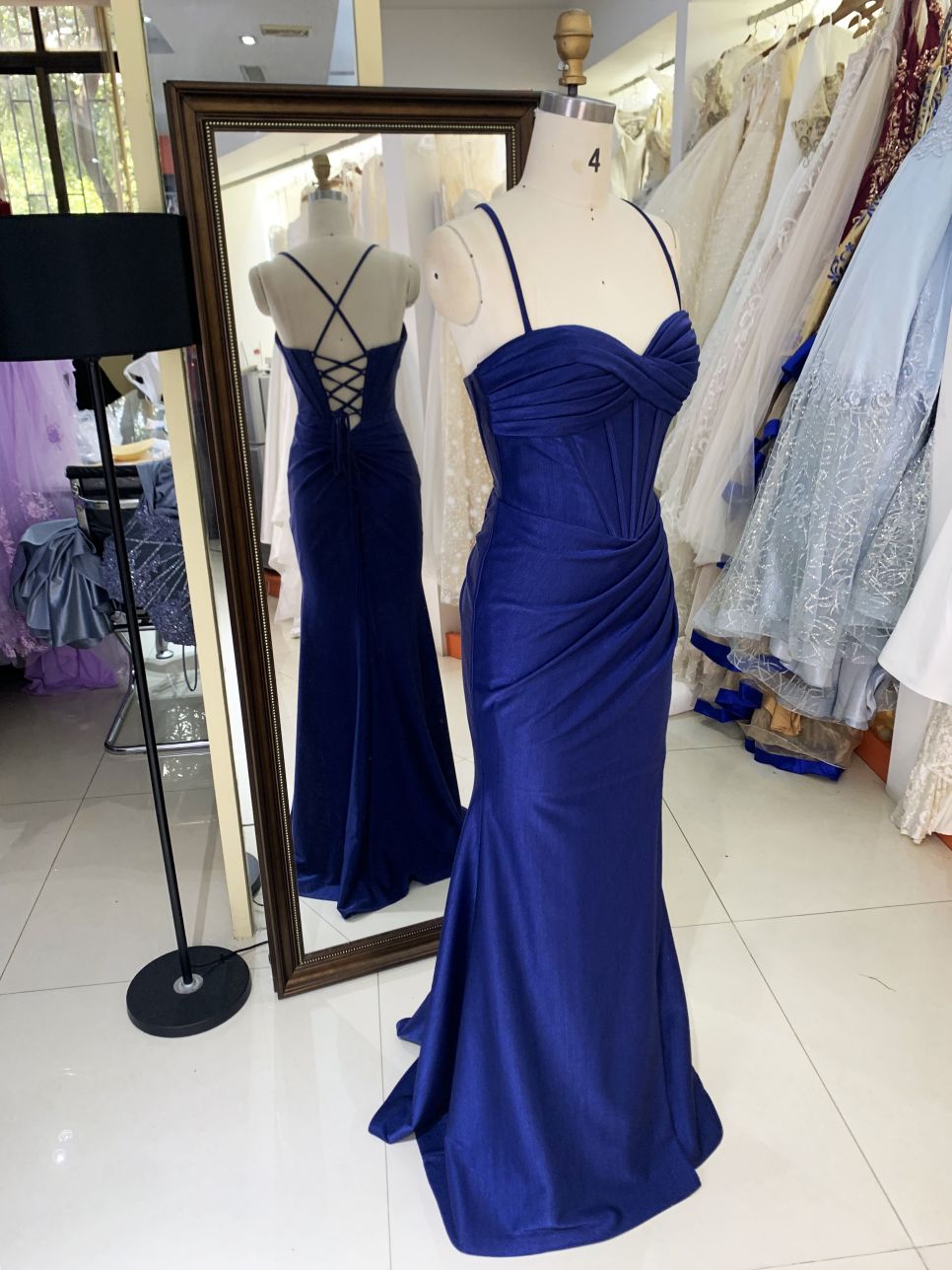 2025 Latest custom navy blue prom dress sexy slim pleat slit A-Line skirt lace up back boning design plus size prom dress