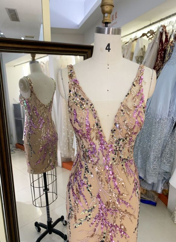2025 New costom multi-color V Neck glitter jersey spaghetti straps velvet Sequin Dresses for Ladies Party Homecoming