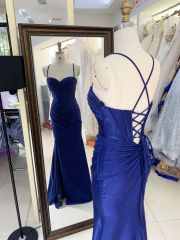 2025 Latest custom navy blue prom dress sexy slim pleat slit A-Line skirt lace up back boning design plus size prom dress
