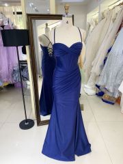 2025 Latest custom navy blue prom dress sexy slim pleat slit A-Line skirt lace up back boning design plus size prom dress