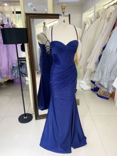 2025 Latest custom navy blue prom dress sexy slim pleat slit A-Line skirt lace up back boning design plus size prom dress
