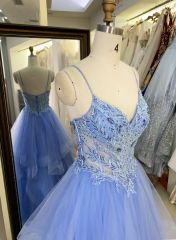 2025 wholesale corset dusty blue sleeveless embroidery beading ruffle tulle skirt A line prom evening dresses