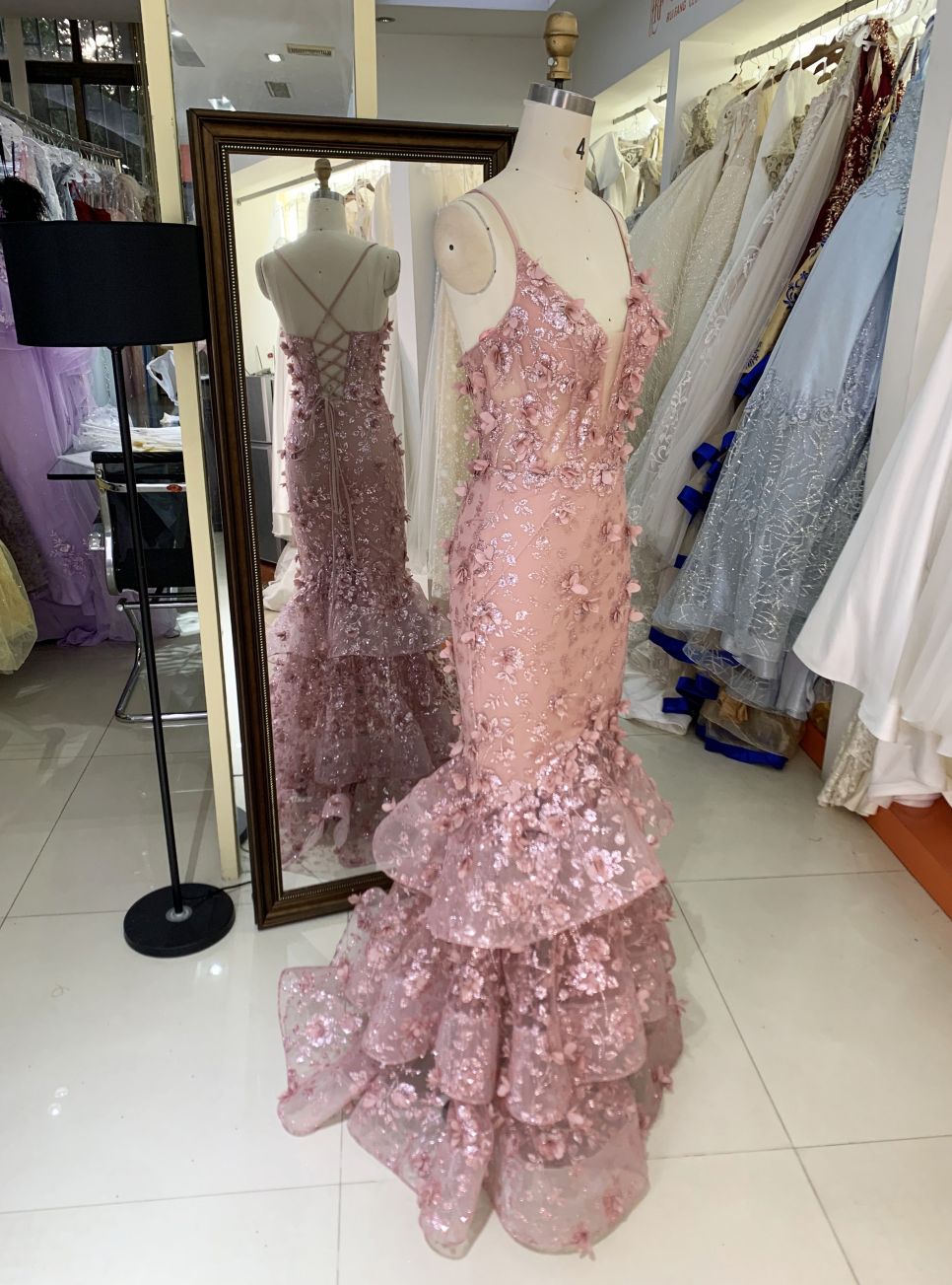 2025 New costom sweetheart ruffle skirt 3D flower luxurious dusty rose mesh mermaid Plus Size of The Women clothing Natural