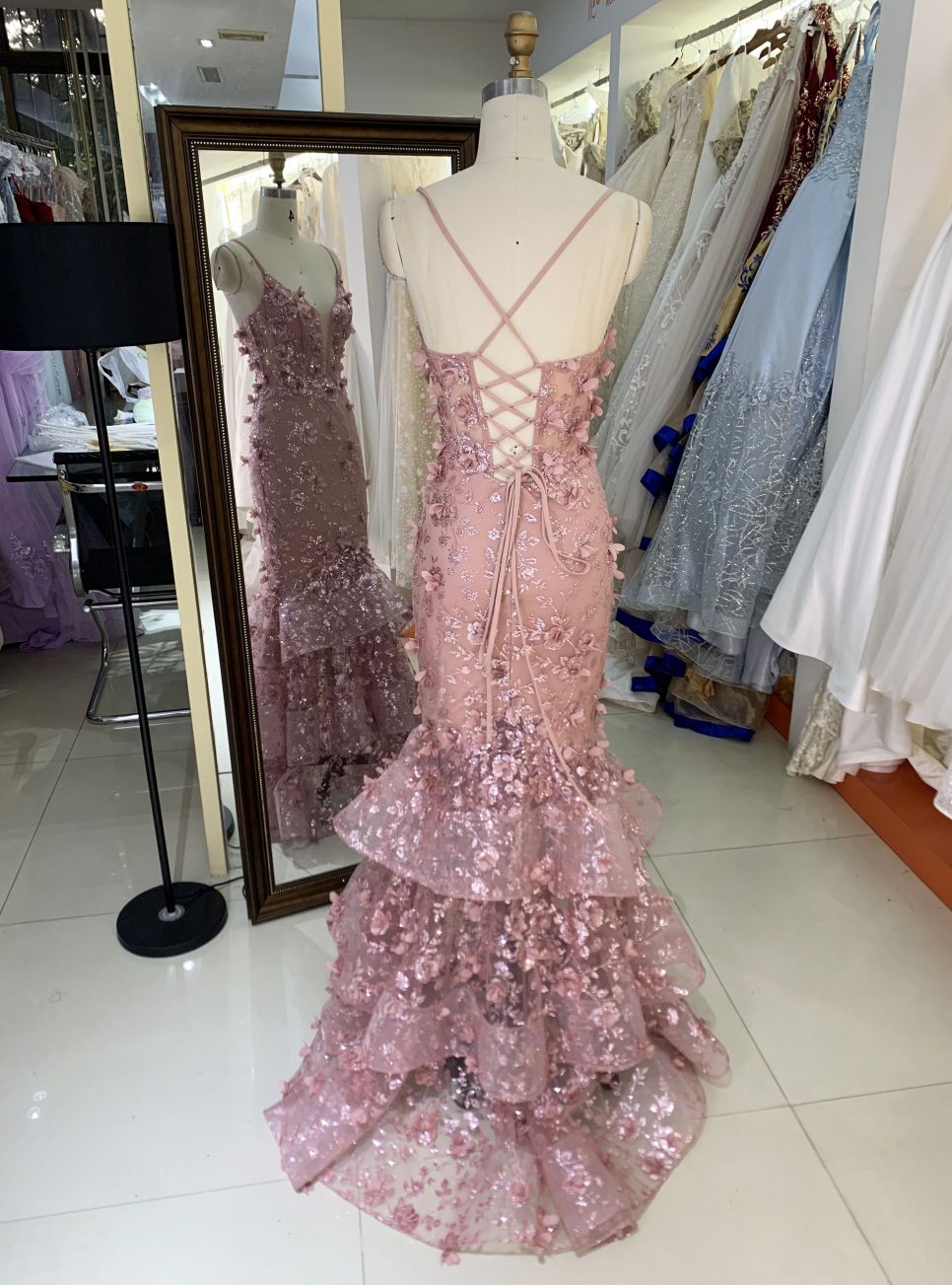2025 New costom sweetheart ruffle skirt 3D flower luxurious dusty rose mesh mermaid Plus Size of The Women clothing Natural