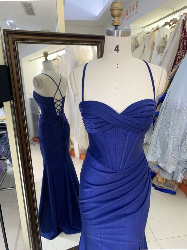 2025 Latest custom navy blue prom dress sexy slim pleat slit A-Line skirt lace up back boning design plus size prom dress