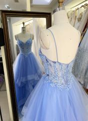 2025 wholesale corset dusty blue sleeveless embroidery beading ruffle tulle skirt A line prom evening dresses