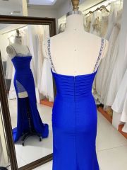 2025 wholesale Royal blue sleeveless beading jersey satin skirt mermaid hand pleated prom evening dresses
