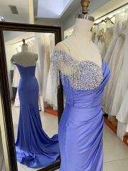 2025 wholesale dusty blue sleeveless beading tassels satin skirt mermaid prom evening dresses