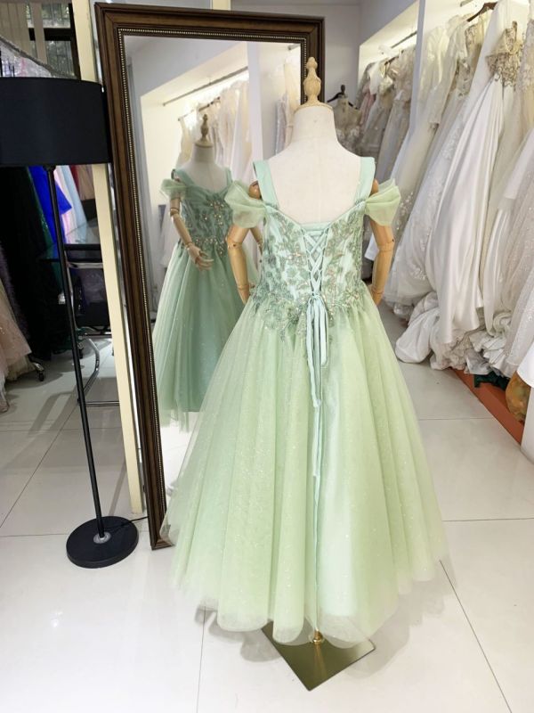 2025 mint green off shoulder sleeve embroidery beading A line lace up back children short evening shiny tulle flower dresses