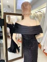 2025 Latest custom black fashion sexy women's cape design strapless corset sequins high slit evening dress