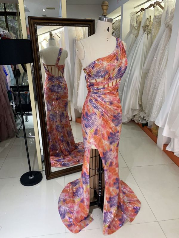 2025 New sequins multi color one shoulder boning pleat fancy evening prom dresses for black girls