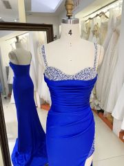 2025 wholesale Royal blue sleeveless beading jersey satin skirt mermaid hand pleated prom evening dresses