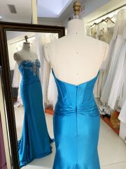 2025 Latest custom teal contrast color sexy deep V-neck satin evening dress women's slim fit slit mermaid prom dress