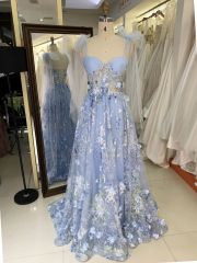 2025 Milky blue 3D flowers sweetheart lace evening dress A-line skirt with shawl colorful custom prom dress