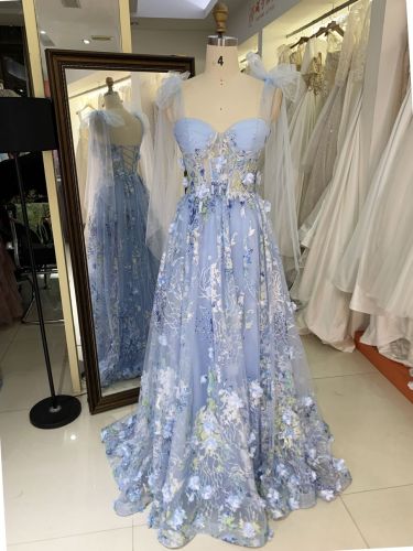 2025 Milky blue 3D flowers sweetheart lace evening dress A-line skirt with shawl colorful custom prom dress