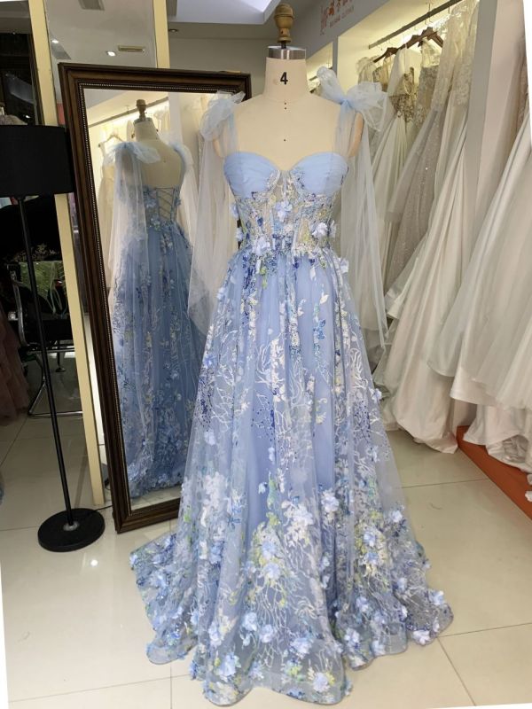 2025 Milky blue 3D flowers sweetheart lace evening dress A-line skirt with shawl colorful custom prom dress