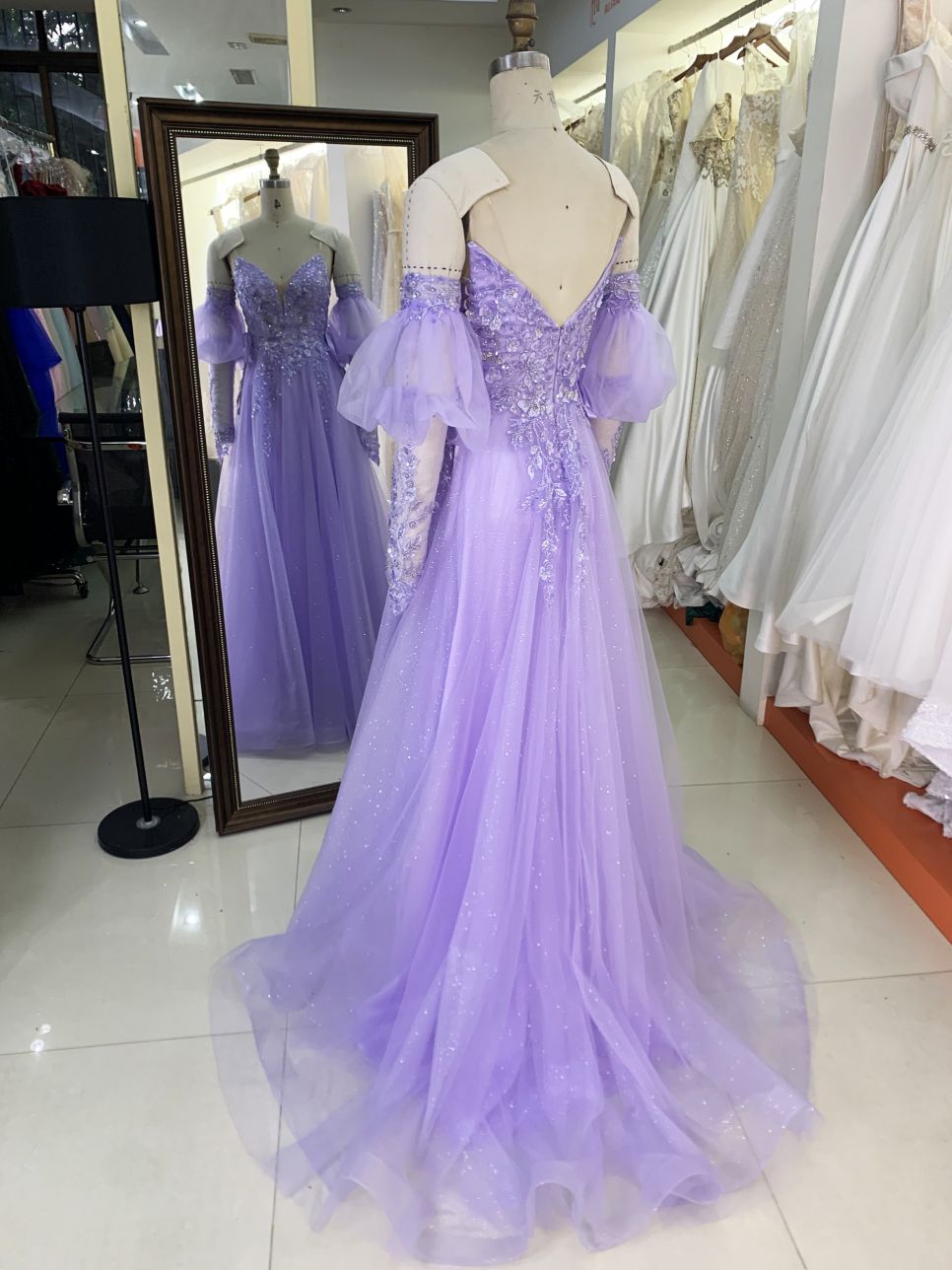 2025 New fashion custom lilac sweetheart off-shoulder puff short-sleeved removable high waist elegant large size prom dresses