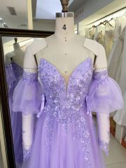2025 New fashion custom lilac sweetheart off-shoulder puff short-sleeved removable high waist elegant large size prom dresses