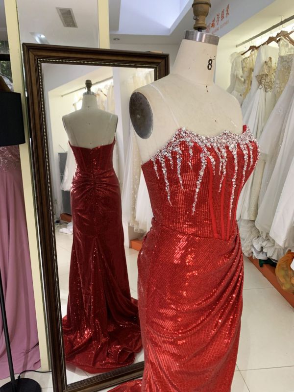2025 Latest custom crystal stone glitter evening dress women's new luxury mermaid elegant pleated high slit prom dress