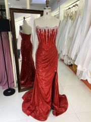 2025 Latest custom crystal stone glitter evening dress women's new luxury mermaid elegant pleated high slit prom dress