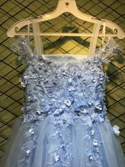 New style light blue fairy dress square neck temperament sling white mesh princess performance costume dress for children