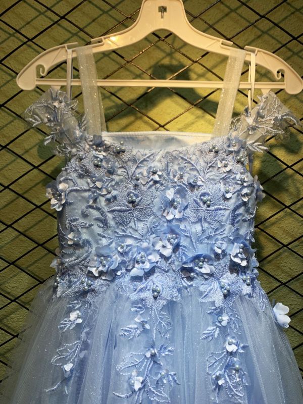 New style light blue fairy dress square neck temperament sling white mesh princess performance costume dress for children