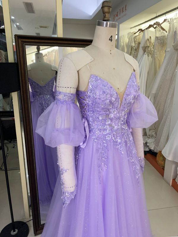 2025 New fashion custom lilac sweetheart off-shoulder puff short-sleeved removable high waist elegant large size prom dresses