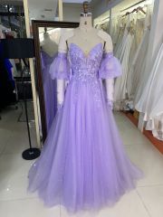 2025 New fashion custom lilac sweetheart off-shoulder puff short-sleeved removable high waist elegant large size prom dresses