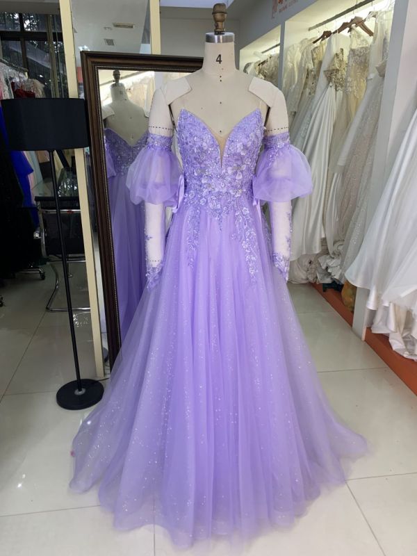 2025 New fashion custom lilac sweetheart off-shoulder puff short-sleeved removable high waist elegant large size prom dresses